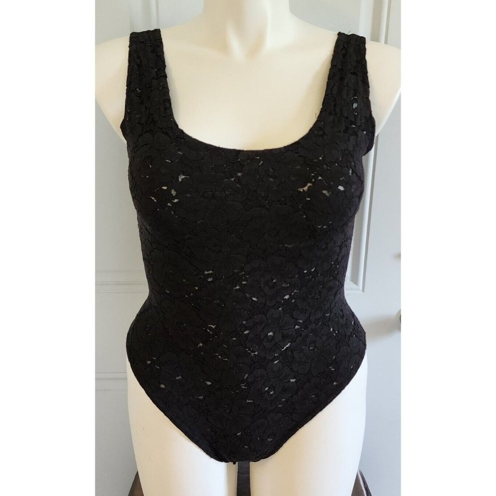 Vintage 80’s CACHE Women's Sleeveless Semi Sheer Lace Bodysuit Black Size Medium